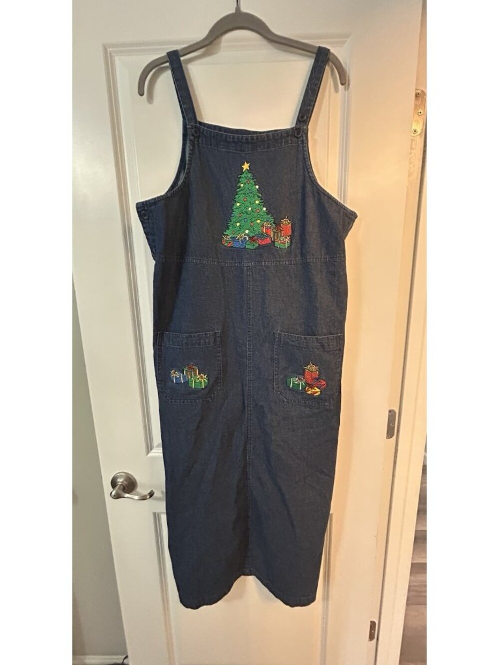 Vintage Christmas Dress Size Petite Medium Jean Denim Embroidered Midi Tacky Fun - Picture 2 of 13